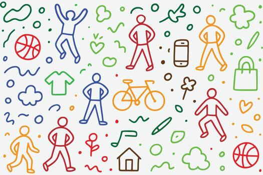 People in various activities and objects in line art style vector