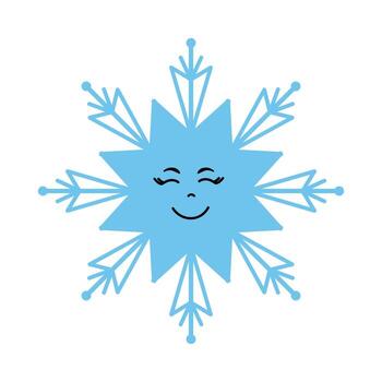 Cute blue snowflake character with a smiling face and closed eyes, featuring a geometric design vector