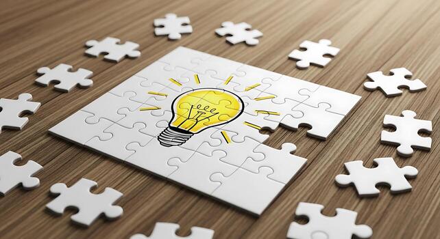 Jigsaw puzzle showing an idea concept with a lightbulb illustrating problem solving photo