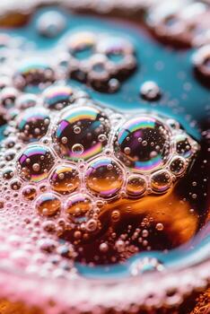Macro photograph showcasing vibrant iridescent bubbles reflecting light and creating abstract textures and shapes. photo