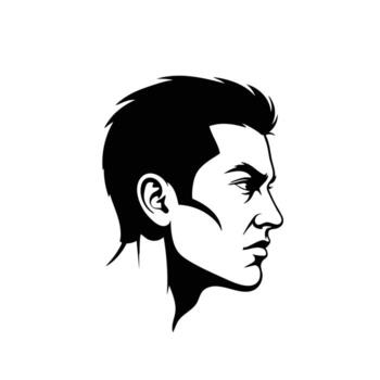 A monochrome profile silhouette of a young man with sharp features and a confident expression. vector