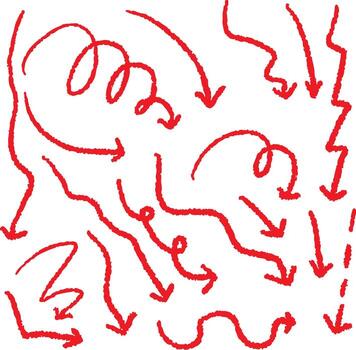 Red Crayon Arrow Doodles Set, Hand Drawn Swirls, Curved Lines, Chaotic Pointers, Chalk Sketches, Artistic Design Elements, Grunge Style Marker Scribbles, Crayon Stroke vector