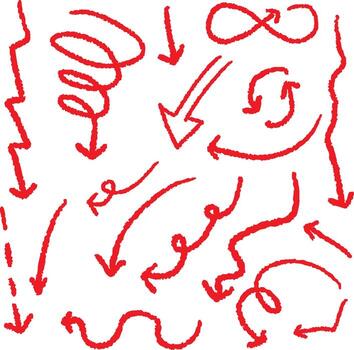 Red Crayon Arrow Doodles Set, Hand Drawn Swirls, Curved Lines, Chaotic Pointers, Chalk Sketches, Artistic Design Elements, Grunge Style Marker , Stroke Outlines vector
