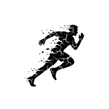 Dynamic silhouette of a runner in motion, illustrating speed and energy through fragmented design elements. vector
