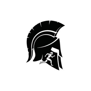 A dynamic representation of a Spartan helmet featuring a silhouette of a runner in motion, symbolizing strength. vector