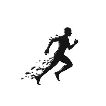 Dynamic silhouette of a runner in motion, symbolizing speed and fluidity with water elements accentuating movement. vector