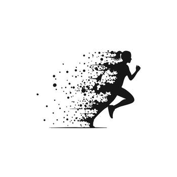Dynamic silhouette of a runner in motion, illustrating speed and energy with a burst of particles and dots. vector