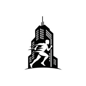 Dynamic silhouette of a runner in motion against a backdrop of a modern skyscraper, symbolizing speed and urban life. vector
