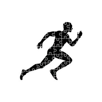 Dynamic silhouette of a runner composed of puzzle pieces, symbolizing the complexity of athleticism and movement. vector