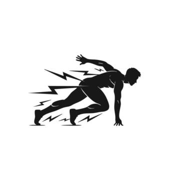 Dynamic silhouette of a sprinter launching from the starting position, embodying speed and athleticism with energy lines. vector