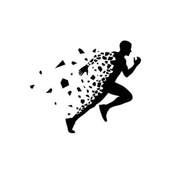 Dynamic silhouette of a runner breaking apart into fragments, symbolizing speed and motion in sports. vector