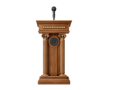 clásico de madera podio con florido columnas y oro acentos, presentando construido micrófono para público discurso, ideal para conferencias, conferencias, o formal eventos, aislado transparencia antecedentes png