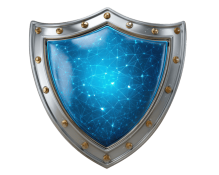 brilhante prata escudo com azul digital rede padrão, simbolizando cyber segurança, proteção, e futurista tecnologia, isolado em transparente fundo png