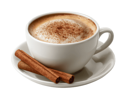 warm und gemütlich Cappuccino Kaffee trinken im Weiß Tasse, gekrönt mit köstlich Zimt Schaum. diese braun aromatisch Getränk mit würzen Stöcke bietet an wohltuend Moment png