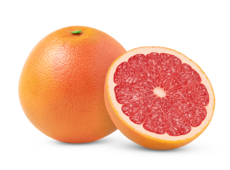 Pink whole grapefruit and half isolated. Grapefruit half with zest isolated with clipping path. Full depth of field png