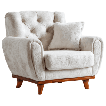 poltrona con un' trapuntata schienale e un' accoppiamento cuscino, imbottito nel un' strutturato crema tessuto con intricato floreale modelli su trasparente sfondo png