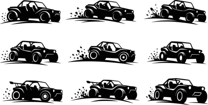 silhouette of collection of black dune buggy silhouettes in various dynamic poses isolated on white background vector