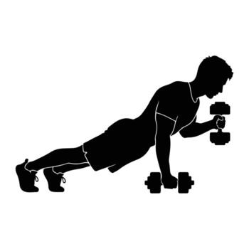 Man doing dumbbell push ups silhouette exercise vector