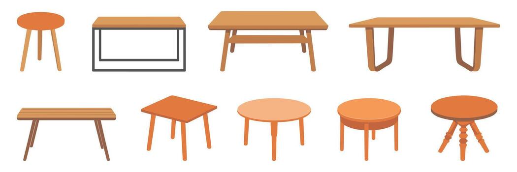 Collection of assorted wooden tables and stools in various shapes and sizes with warm orange and brown tones vector
