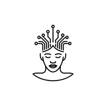 Black outline illustration of a human head with circuit board patterns emerging from the top of the head vector