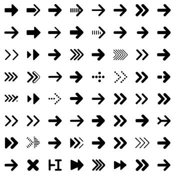 Collection of black arrow icons and symbols pointing right on a white background right arrow direction vector