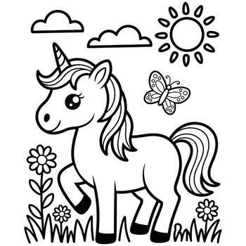 Black and white outline illustration of a unicorn with a flowing mane standing in grass with flowers a butterfly and a sun with clouds vector