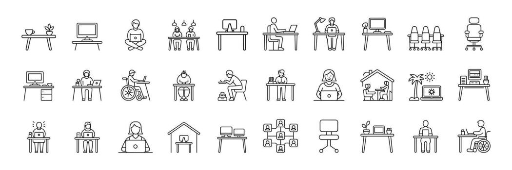 Collection of line art icons depicting people working at desks and in offices with computers and laptops vector