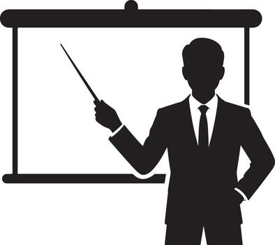 Businessman presenting with a pointer at a blank whiteboard vector