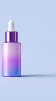 Elegant glass dropper bottle with a gradient design in shades of purple and blue, set against a soft pastel background, ideal for cosmetic product display and branding photo