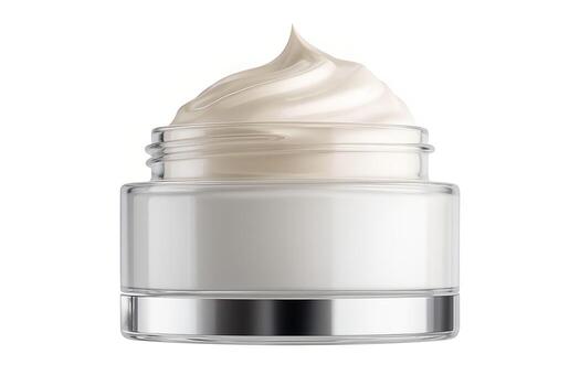 Moisturizing cream in a clear glass jar with a silver base, showcasing a smooth, creamy texture, ideal for skincare products and beauty applications, with a luxurious appearance photo
