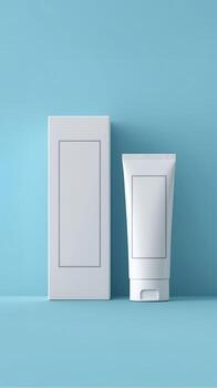 Minimalist packaging mock up with blank tube and box on blue background for design purposes photo