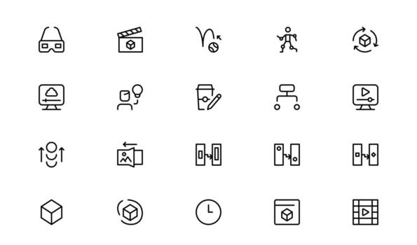 Animation Line Icon Set Featuring Motion Graphics, Creative Frame Symbols, and Smooth Outline Design vector
