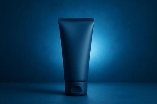 Dark blue cosmetic tube mock up on a smooth surface with soft glowing background light photo