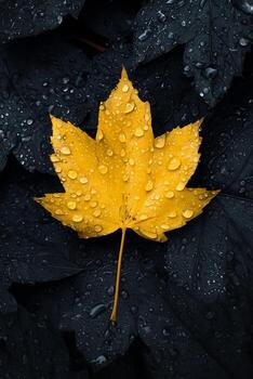 Vibrant yellow maple leaf with water droplets resting on dark foliage background photo