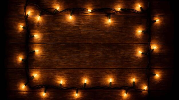 Warm glowing string lights framing a rustic wooden background with copy space for text photo