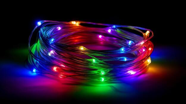 Colorful LED string lights glowing in a dark setting creating a festive atmosphere photo