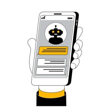 un mano participación un teléfono con un chatbot. artificial inteligencia en en línea apoyo. vector