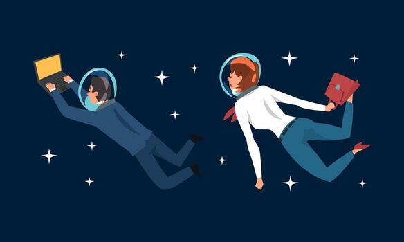 Professionals in space with laptops and documents vector