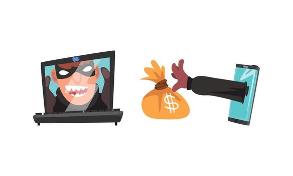 Hacker in Mask Stealing Money Using Laptop Set vector