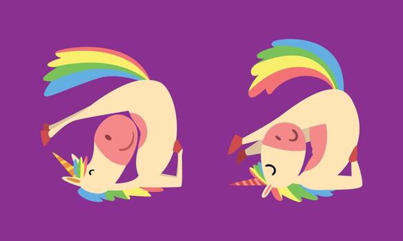 Funny Unicorn Character with Rainbow Mane and Tail Practicing Yoga Exercises Set vector