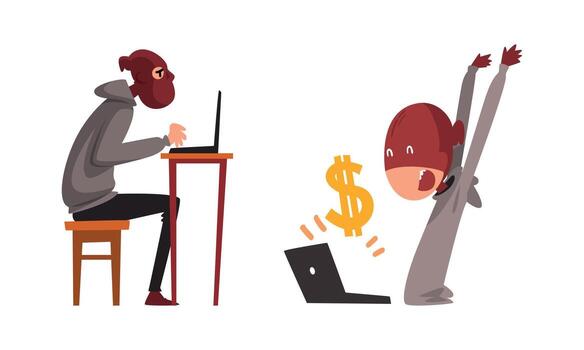 Hacker in Hoody and Mask Stealing Money Using Laptop Set vector