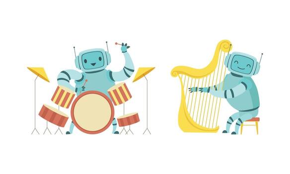 Two robots playing musical instruments vector