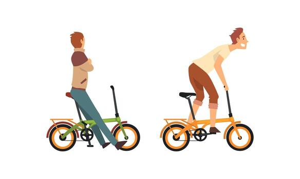 dos hombres montando bicicletas con uno en el frente y uno en el espalda vector