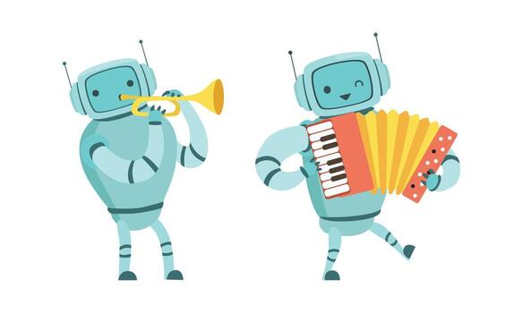 Two robots playing music and playing an accordion vector