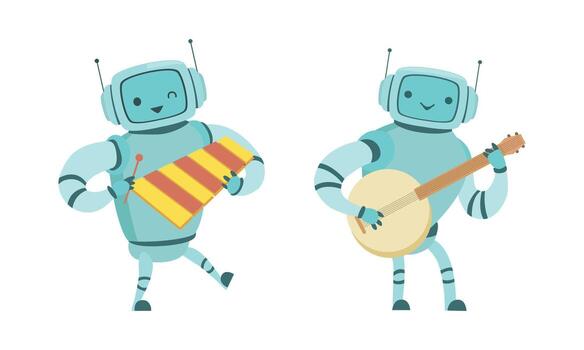 Two robots playing instruments, one with a guitar and the other with a drum vector