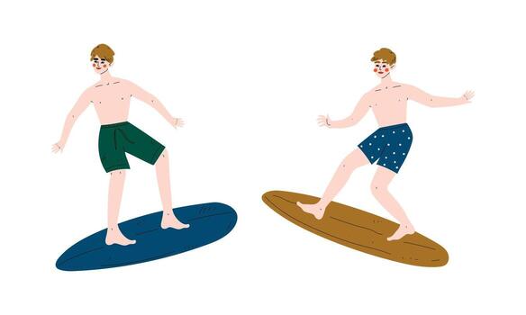 Man Surfer with Surfboard Riding on Moving Wave Set vector