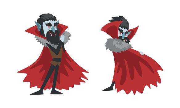 Vampire in Actions Set, Count Dracula Character Wearing Black and Red Cape, Happy Halloween Concept Cartoon Illustration on White Background. vector