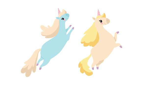 Cute Unicorn Character with Pointed Spiraling Horn and Mane Jumping Set vector