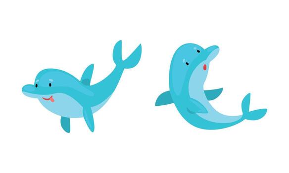 Blue Dolphin Character Swimming and Floating Deep in the Ocean Set vector
