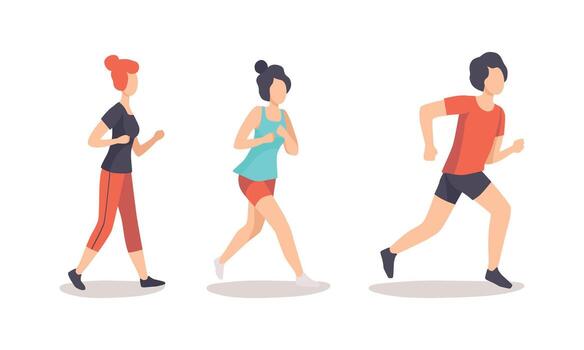 Three people running in different positions vector